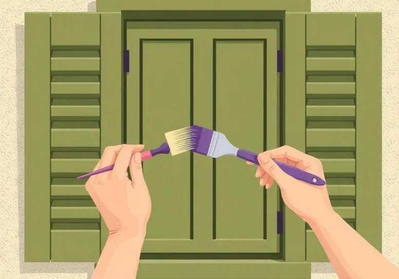 Mise en peinture au pinceau de volets et d'encadrements en bois