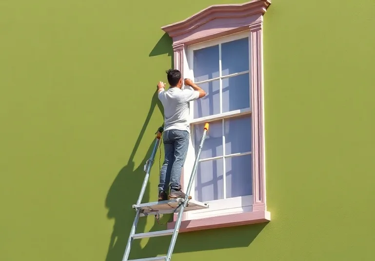 Peintre sur échafaudage traitant la façade d'une maison