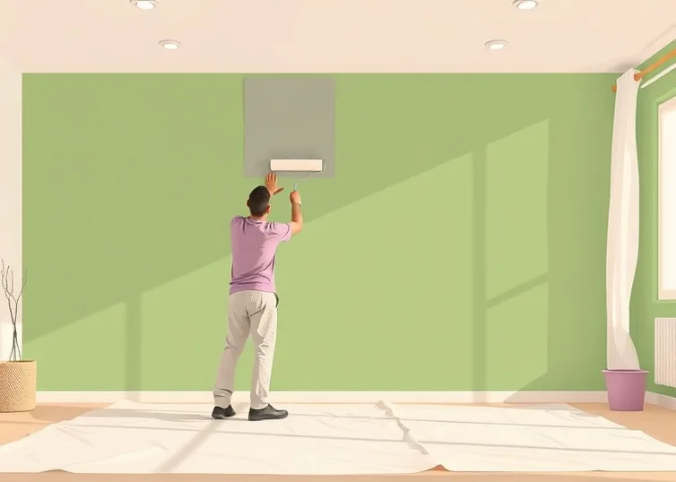 Peintre appliquant la peinture au rouleau sur un mur de salon