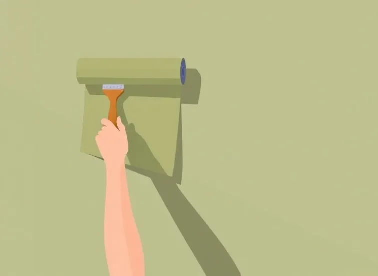 Pose de papier peint, rouleau et brosse à maroufler